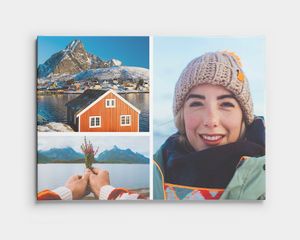 Uma colagem em tela com duas imagens de paisagens e uma foto de uma pessoa a sorrir.