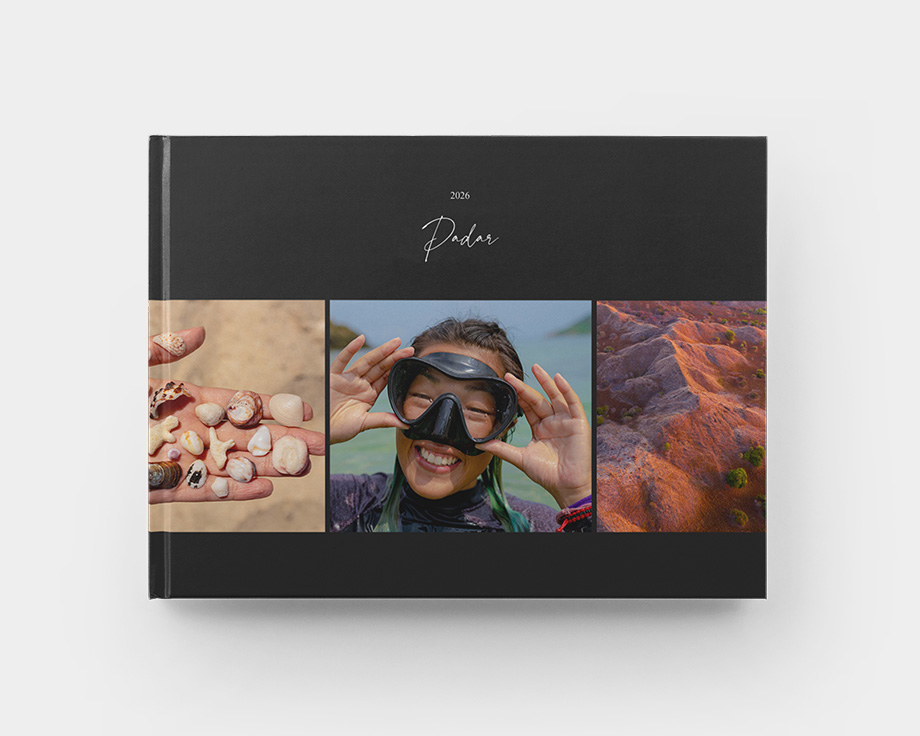 Um álbum de fotografias de capa dura em formato paisagem, fechado, com imagens de verão na capa