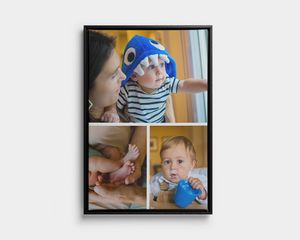 Tela emoldurada com três fotos de uma criança pequena