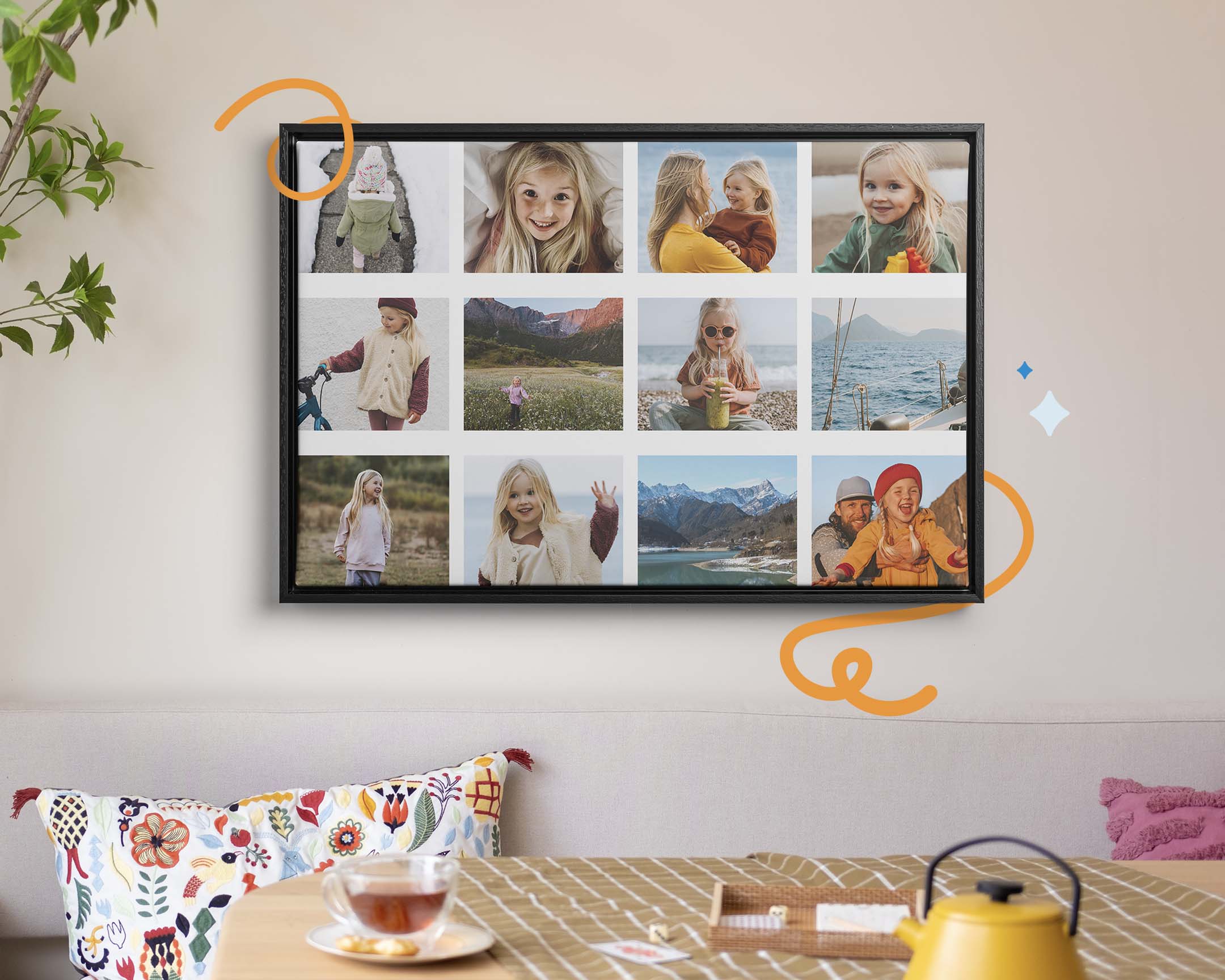 Colagem numa decoração de parede: memórias selecionadas por si