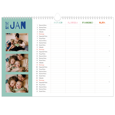 Calendário de família horizontal A3 — Divertido e colorido, o seu Planificador - Família de 4 [Janeiro]