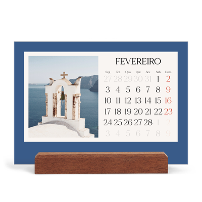 Calendário de mesa com suporte em madeira - horizontal  — Cores clássicas [Fevereiro]