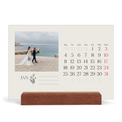 Calendário de mesa com suporte em madeira - horizontal  — Iniciais em flor [Janeiro]