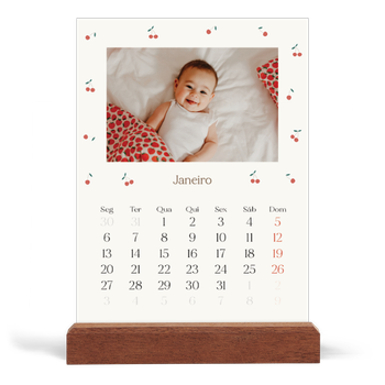 Calendário de mesa com suporte em madeira - vertical — Felicidade de cereja