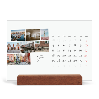 Calendário de mesa com suporte em madeira - horizontal  — Férias na cidade [Janeiro]