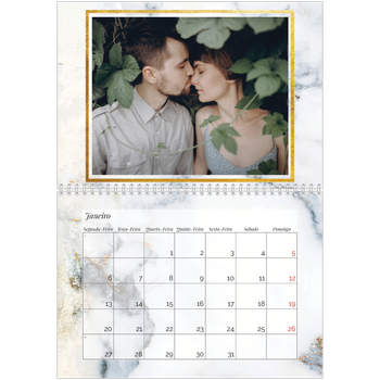 Calendário fotográfico duplo A4 — Moldura de mármore dourada