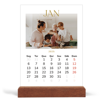 Calendário de mesa com suporte em madeira - vertical — Texto dourado grande