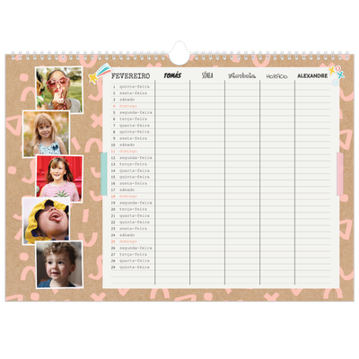 Calendário de família horizontal A3 — Planificador Rústico - Familia de 5 [Fevereiro]