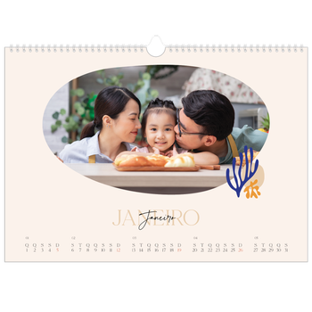 Calendário fotográfico horizontal A3 — Coral minimalista