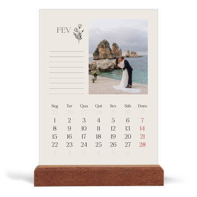 Calendário de mesa com suporte em madeira - vertical  — Iniciais em flor [Fevereiro]