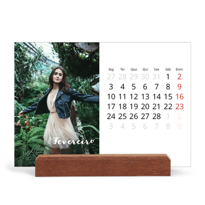 Calendário de mesa com suporte em madeira - horizontal  — Script simples [Fevereiro]