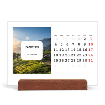 Calendário de mesa com suporte em madeira - horizontal — A história completa