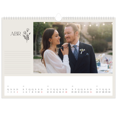 Calendário A3 Horizontal — Iniciais em flor [Abril]