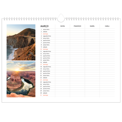 Calendário de família horizontal A3 — Planeador simples - Familia de 4 [Março]