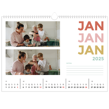 Calendário fotográfico horizontal A3 — Tipo de letra colorida