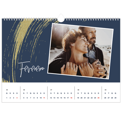 Calendário A3 Horizontal — Fundos com pincel dourado [Fevereiro]