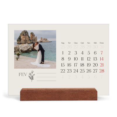 Calendário de mesa com suporte em madeira - horizontal  — Iniciais em flor [Fevereiro]