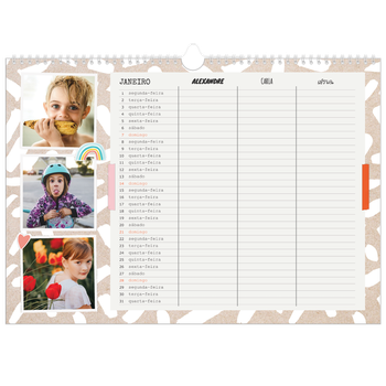 Calendário fotográfico horizontal A3 — Planificador Rústico - Familia de 3