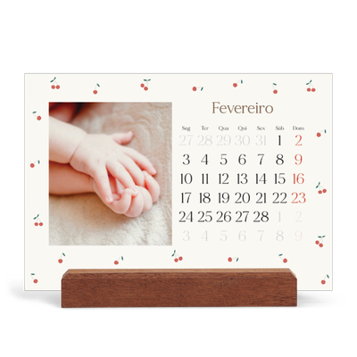 Calendário de mesa com suporte em madeira - horizontal  — Felicidade de cereja [Fevereiro]