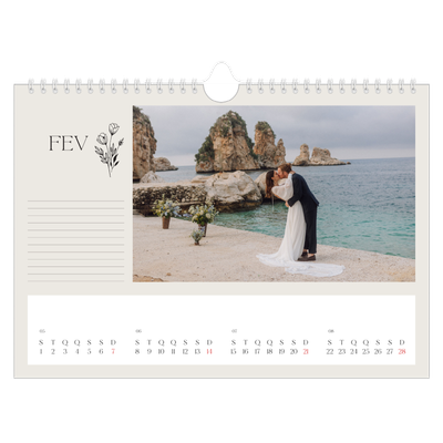 Calendário A4 horizontal — Iniciais em flor [Fevereiro]
