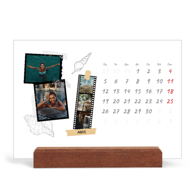 Calendário de mesa com suporte em madeira - horizontal  — Estilo de álbum de recortes [Abril]