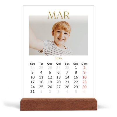 Calendário de mesa com suporte em madeira - vertical  — Texto dourado grande [Março]