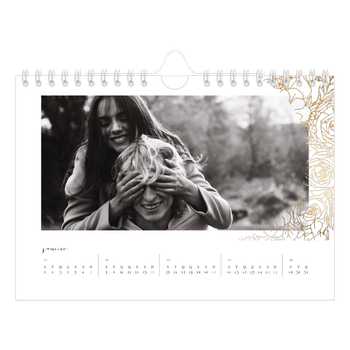 Calendário de Fotografias A5 Paisagem — Desenhos de linhas de flores douradas