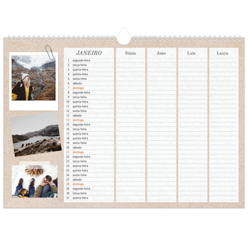 Calendário fotográfico horizontal A3 — Planificador artesanal - Familia de 4