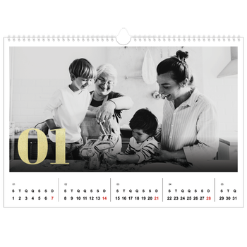 Calendário fotográfico horizontal A3 — Números grandes com purpurinas