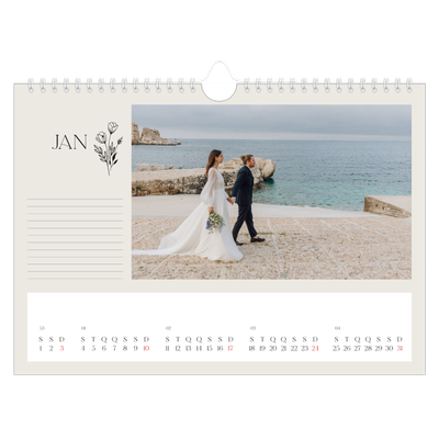 Calendário A4 horizontal — Iniciais em flor [Janeiro]