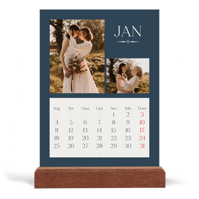Calendário de mesa com suporte em madeira - vertical  — Ardósia e serifas [Janeiro]