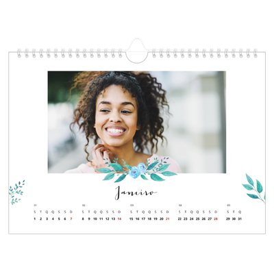 Calendário A4 horizontal — Ilustrações de flores [Janeiro]