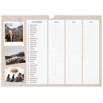Calendário fotográfico horizontal A3 — Planificador artesanal - Familia de 3