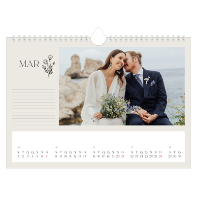Calendário A4 horizontal — Iniciais em flor [Março]