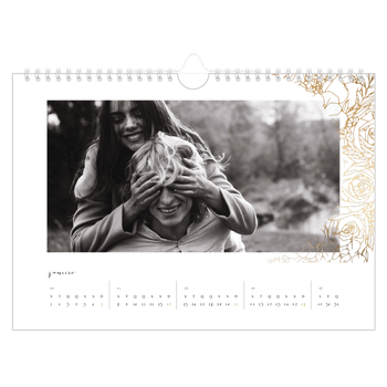Calendário de Fotografias A4 Paisagem — Desenhos de linhas de flores douradas