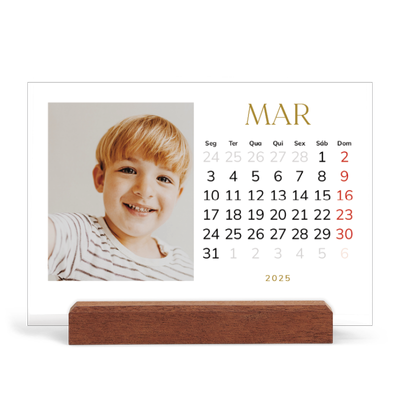 Calendário de mesa com suporte em madeira - horizontal  — Texto dourado grande [Março]