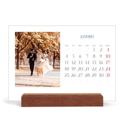 Calendário de mesa com suporte em madeira - horizontal  — Clássico cobalto [Janeiro]