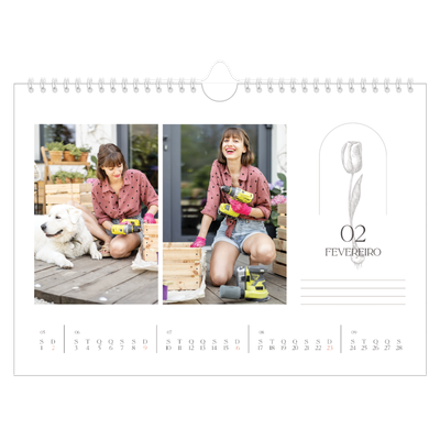 Calendário A4 horizontal — Botânica simples [Fevereiro]