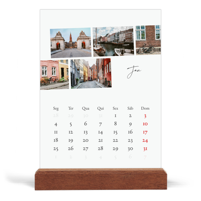 Calendário de mesa com suporte em madeira - vertical  — Férias na cidade [Janeiro]