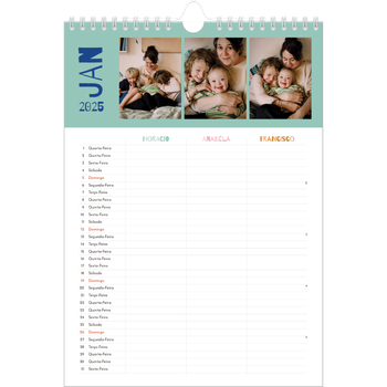 Calendário fotográfico A4 — Divertido e colorido, o seu Planificador - Família de 3