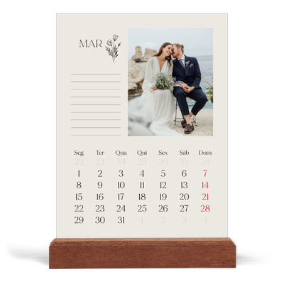 Calendário de mesa com suporte em madeira - vertical  — Iniciais em flor [Março]