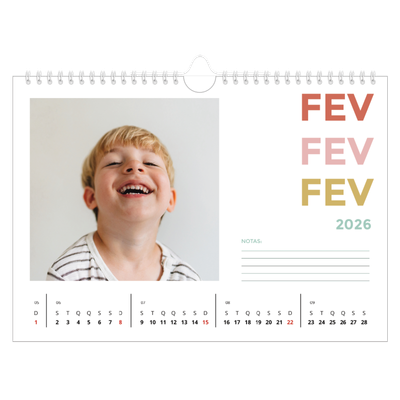 Calendário A4 horizontal — Tipo de letra colorida [Fevereiro]