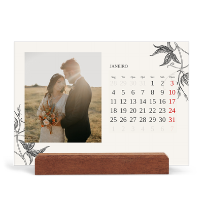 Calendário de mesa com suporte em madeira - horizontal  — Tinta e hera [Janeiro]