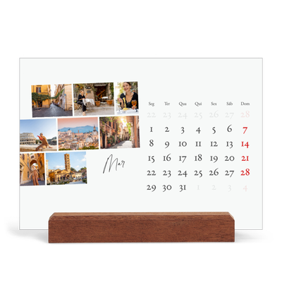 Calendário de mesa com suporte em madeira - horizontal  — Férias na cidade [Março]