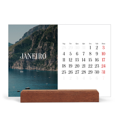 Calendário de mesa com suporte em madeira - horizontal  — Escapadinha infinita [Janeiro]