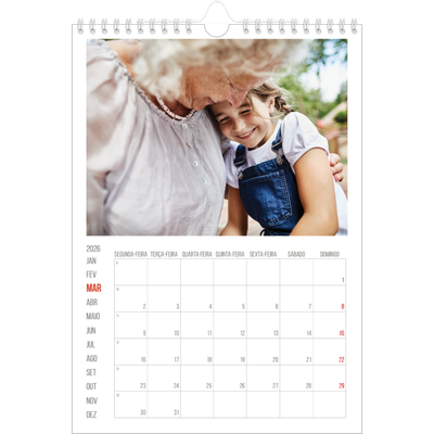 Calendário fotográfico A4 — Destaques vermelhos [Março]