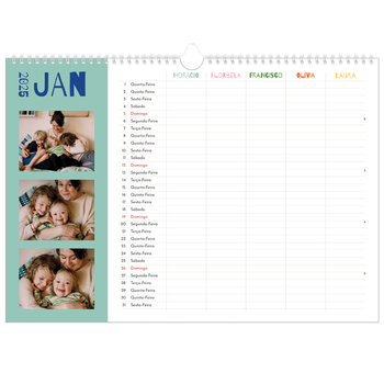 Calendário fotográfico horizontal A3 — Divertido e colorido, o seu Planificador - Familia de 5