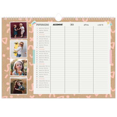 Calendário de família horizontal A3 — Planificador Rústico - Familia de 4 [Fevereiro]