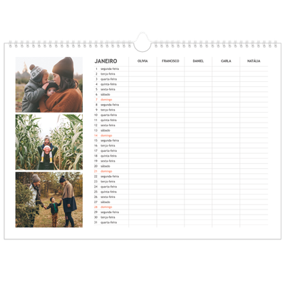 Calendário de família horizontal A3 — Planeador simples - Familia de 5 [Janeiro]