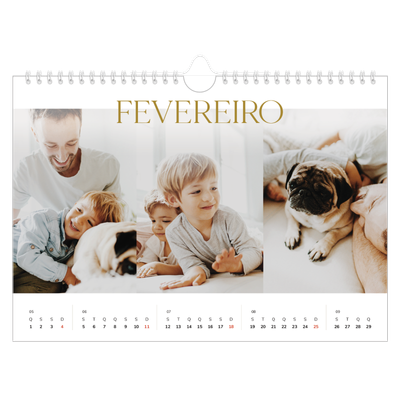 Calendário A4 horizontal — Texto dourado grande [Fevereiro]